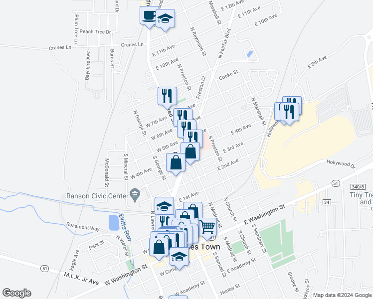 map of restaurants, bars, coffee shops, grocery stores, and more near in Ranson