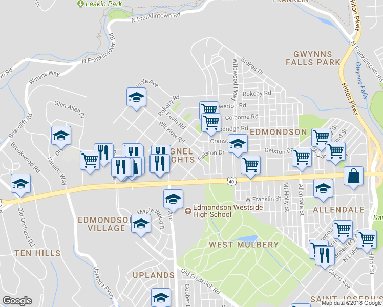 map of restaurants, bars, coffee shops, grocery stores, and more near 718 Wicklow Rd in Baltimore
