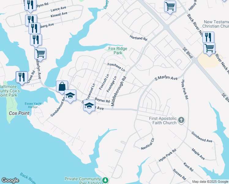 map of restaurants, bars, coffee shops, grocery stores, and more near 950 Middleborough Road in Essex
