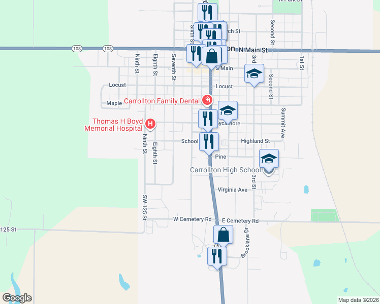 map of restaurants, bars, coffee shops, grocery stores, and more near 831 South 6th Street in Carrollton