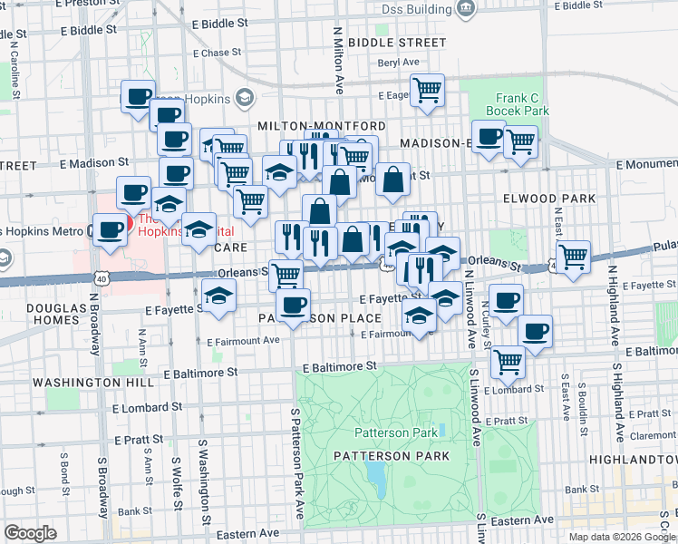 map of restaurants, bars, coffee shops, grocery stores, and more near 2419 Orleans Street in Baltimore
