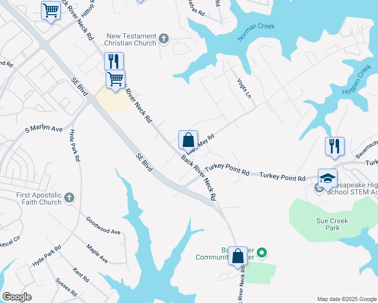 map of restaurants, bars, coffee shops, grocery stores, and more near 1604 Cape May Road in Essex