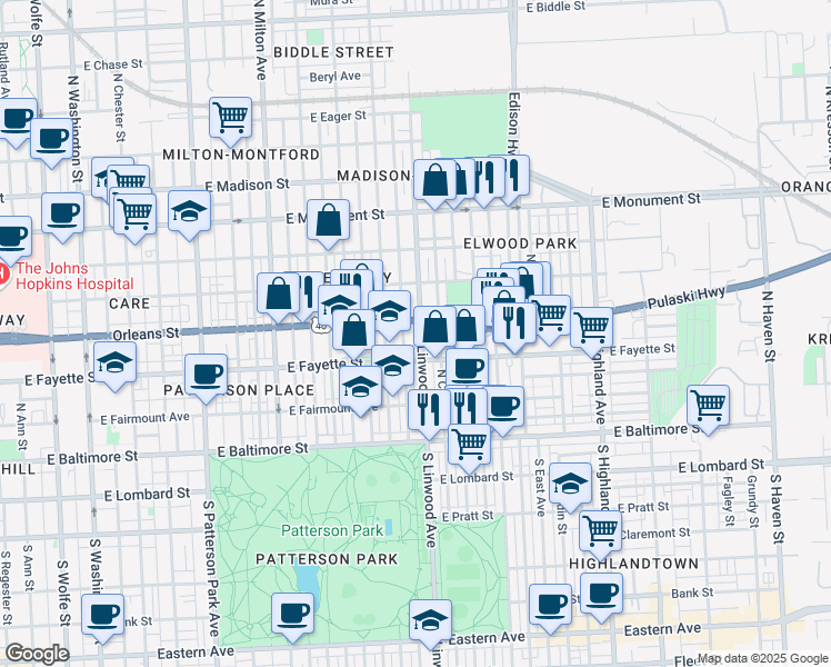map of restaurants, bars, coffee shops, grocery stores, and more near 216 North Linwood Avenue in Baltimore