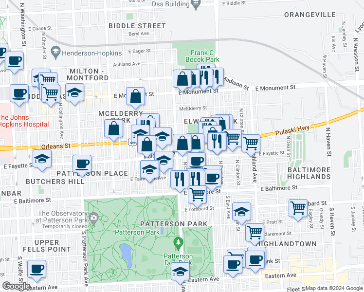 map of restaurants, bars, coffee shops, grocery stores, and more near 200 North Curley Street in Baltimore