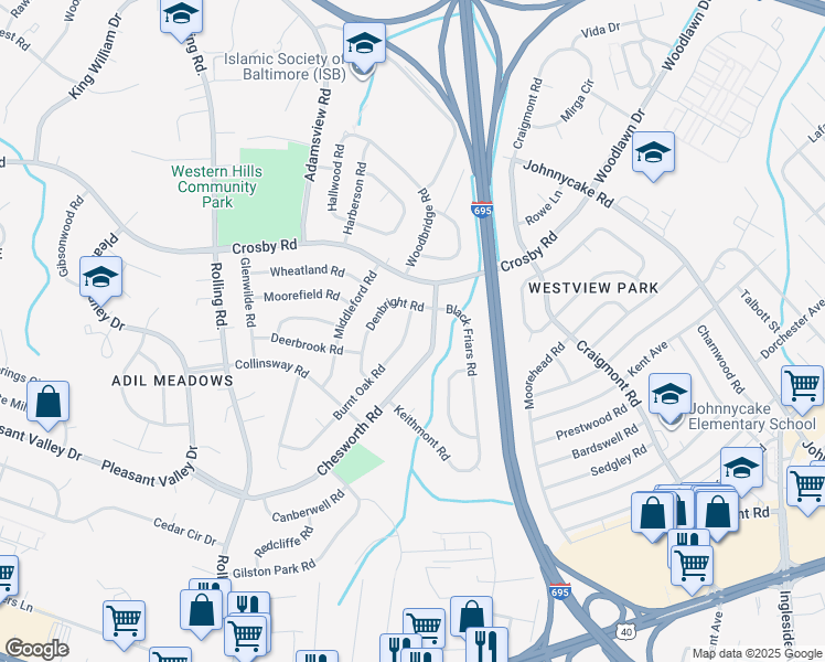 map of restaurants, bars, coffee shops, grocery stores, and more near 6007 Burnt Oak Road in Catonsville