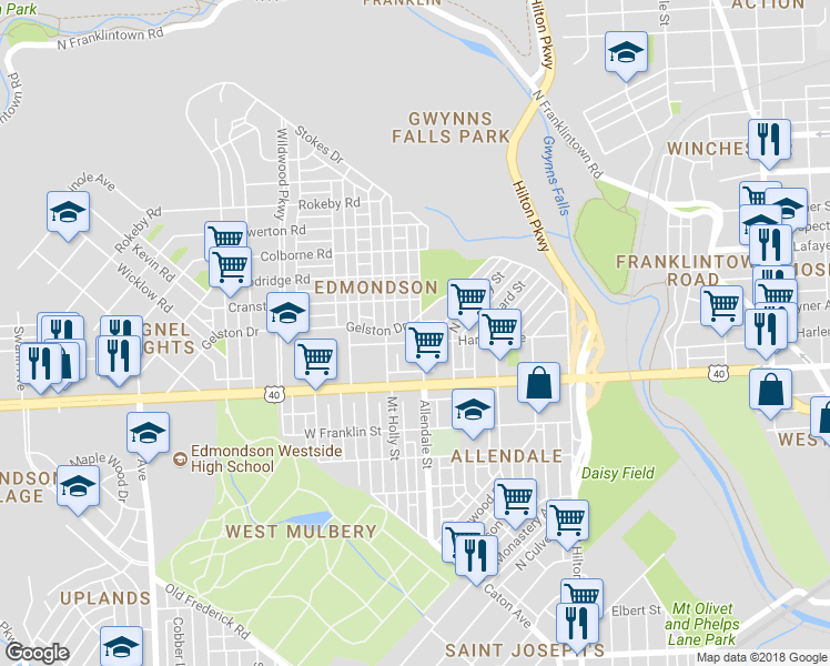 map of restaurants, bars, coffee shops, grocery stores, and more near 706 Allendale Street in Baltimore