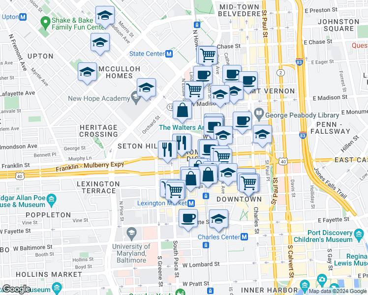 map of restaurants, bars, coffee shops, grocery stores, and more near 512 North Eutaw Street in Baltimore