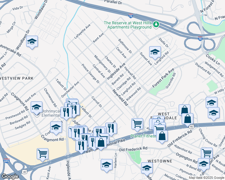 map of restaurants, bars, coffee shops, grocery stores, and more near 1222 Newfield Road in Baltimore