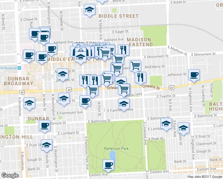 map of restaurants, bars, coffee shops, grocery stores, and more near 236 North Luzerne Avenue in Baltimore