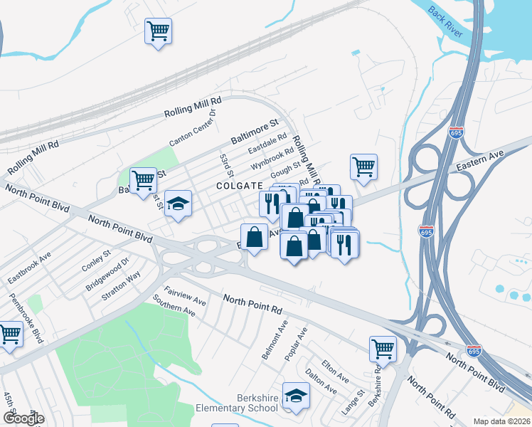 map of restaurants, bars, coffee shops, grocery stores, and more near 7940 Bank Street in Baltimore