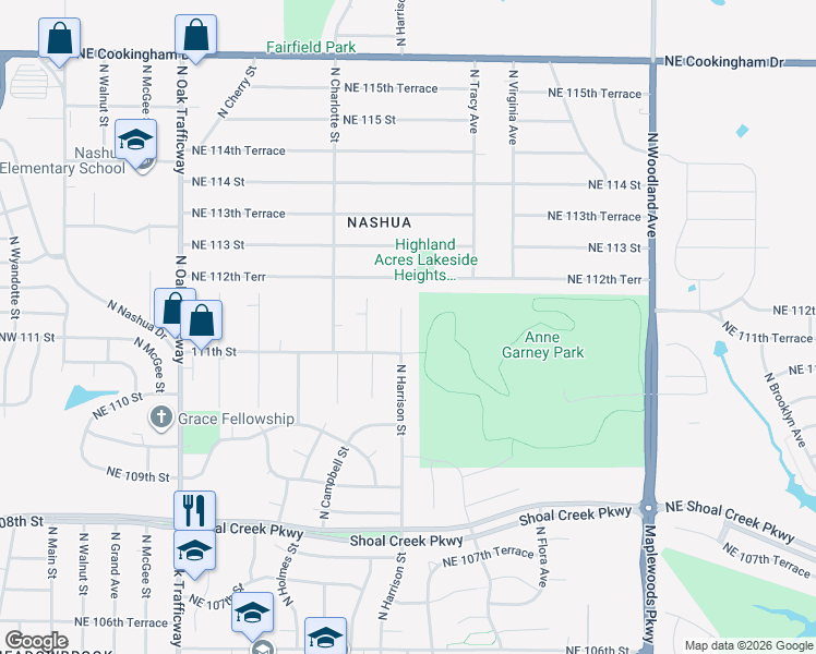 map of restaurants, bars, coffee shops, grocery stores, and more near 11113 North Harrison Street in Kansas City