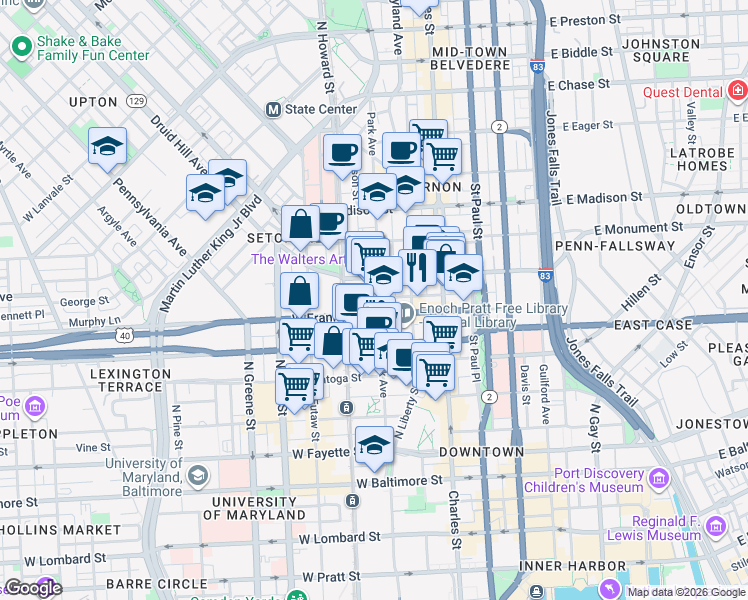 map of restaurants, bars, coffee shops, grocery stores, and more near 502 Park Avenue in Baltimore
