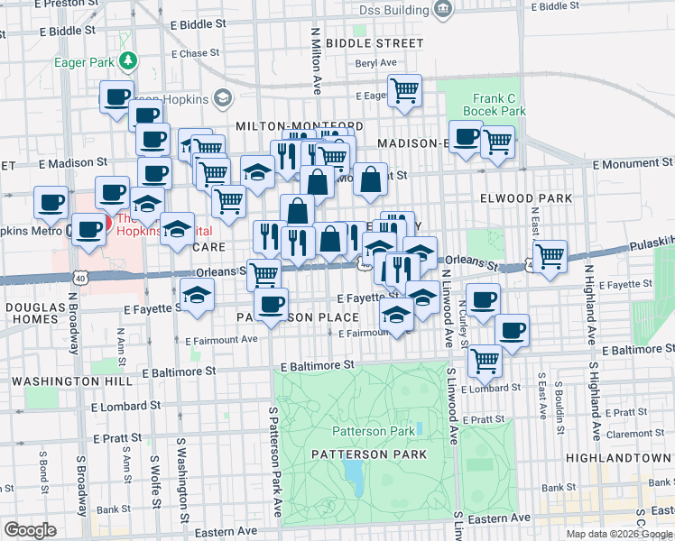 map of restaurants, bars, coffee shops, grocery stores, and more near 244 North Rose Street in Baltimore