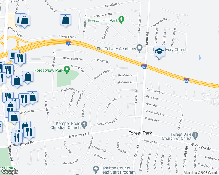 map of restaurants, bars, coffee shops, grocery stores, and more near 11740 Hanover Road in Cincinnati