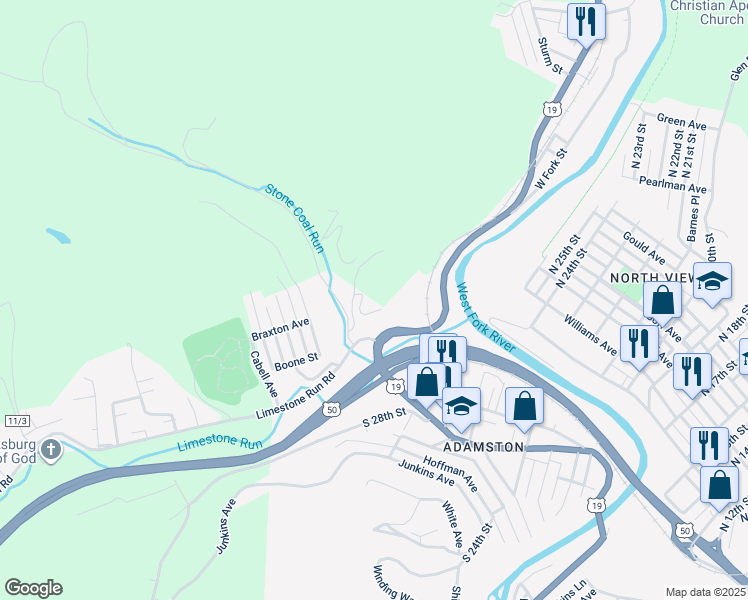 map of restaurants, bars, coffee shops, grocery stores, and more near 72 Perry Hollow Road in Clarksburg