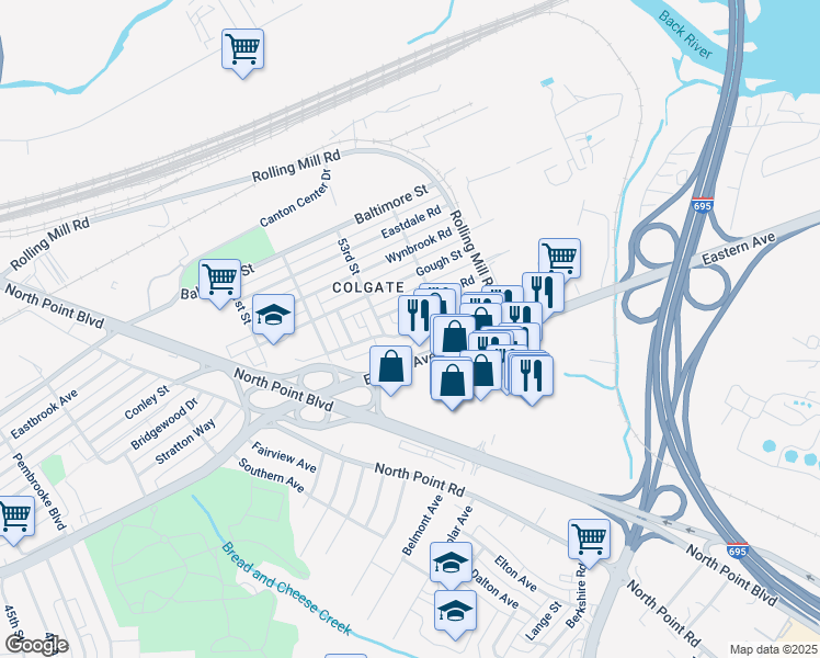 map of restaurants, bars, coffee shops, grocery stores, and more near 7944 Bank Street in Baltimore