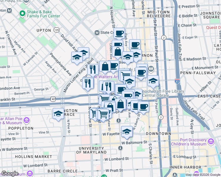 map of restaurants, bars, coffee shops, grocery stores, and more near 601 North Eutaw Street in Baltimore