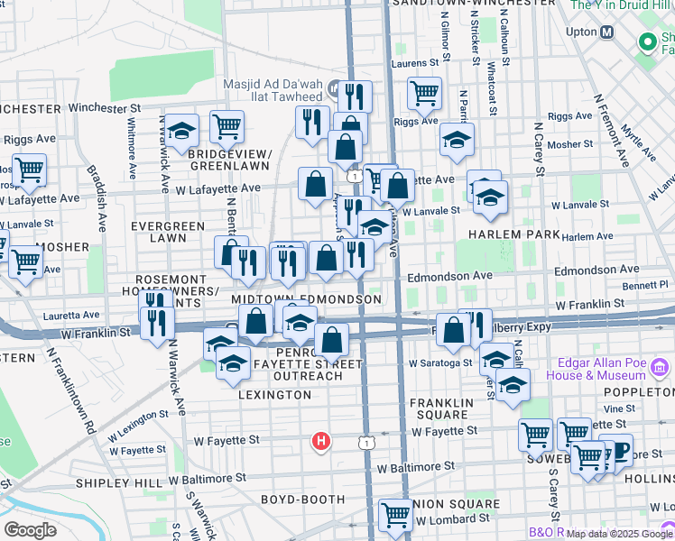 map of restaurants, bars, coffee shops, grocery stores, and more near 602 Appleton Street in Baltimore