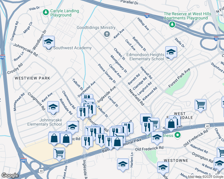 map of restaurants, bars, coffee shops, grocery stores, and more near Saint Marys Street in Woodlawn