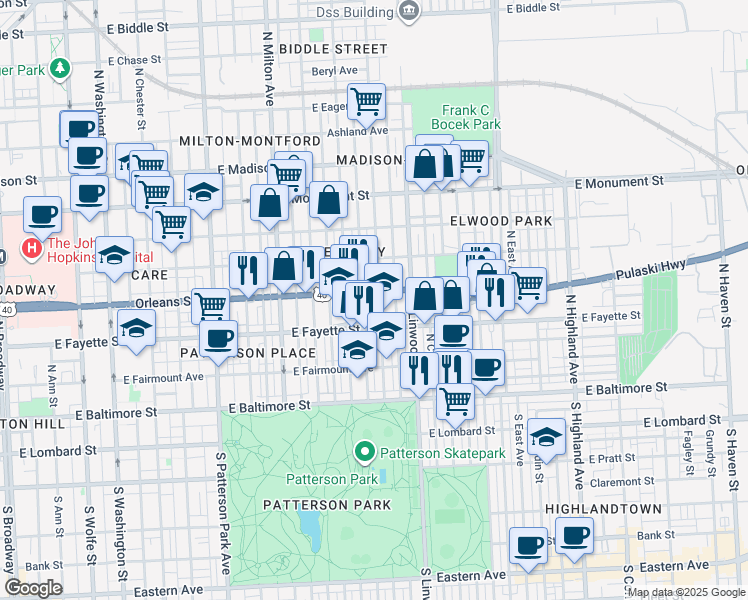 map of restaurants, bars, coffee shops, grocery stores, and more near 228 North Kenwood Avenue in Baltimore