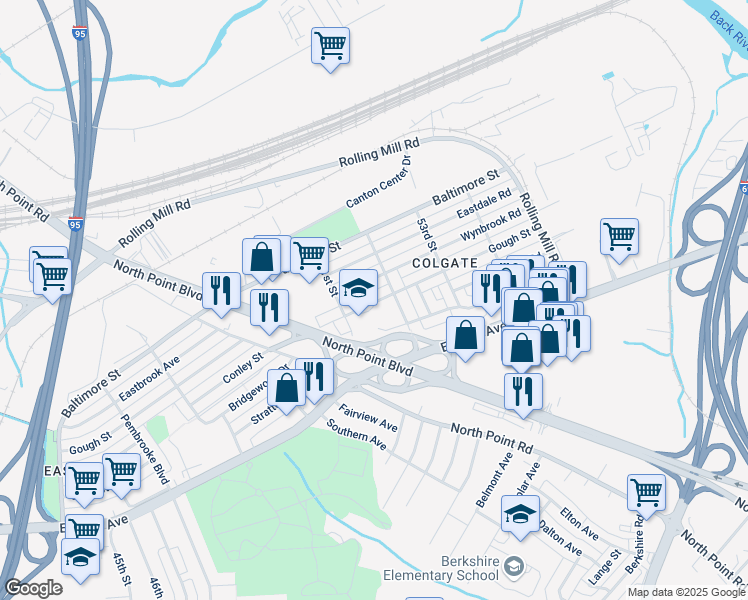 map of restaurants, bars, coffee shops, grocery stores, and more near 7760 Gough Street in Baltimore