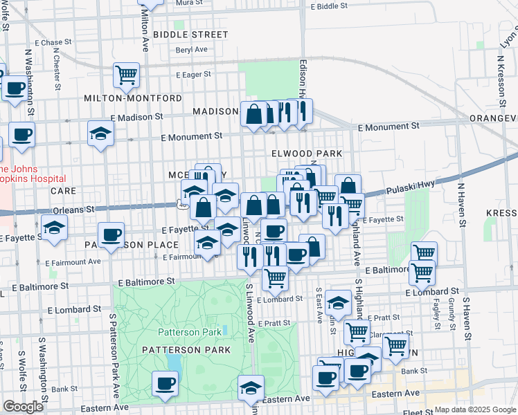 map of restaurants, bars, coffee shops, grocery stores, and more near 215 North Curley Street in Baltimore