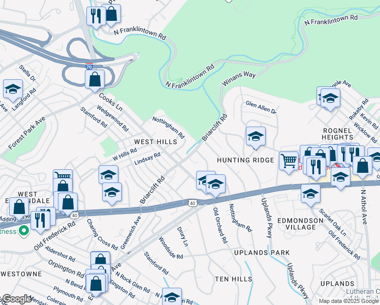 map of restaurants, bars, coffee shops, grocery stores, and more near 4814 Briarclift Road in Baltimore