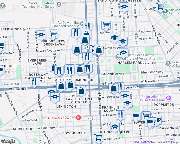 map of restaurants, bars, coffee shops, grocery stores, and more near 601 North Monroe Street in Baltimore