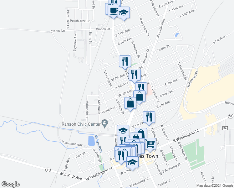 map of restaurants, bars, coffee shops, grocery stores, and more near 107 South George Street in Ranson
