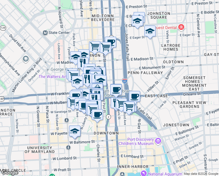 map of restaurants, bars, coffee shops, grocery stores, and more near 501 Saint Paul Street in Baltimore