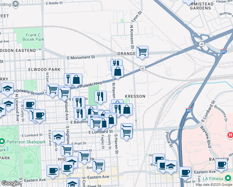 map of restaurants, bars, coffee shops, grocery stores, and more near 4024 Orleans Street in Baltimore