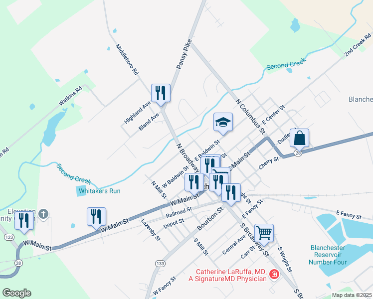 map of restaurants, bars, coffee shops, grocery stores, and more near 401 North Broadway Street in Blanchester