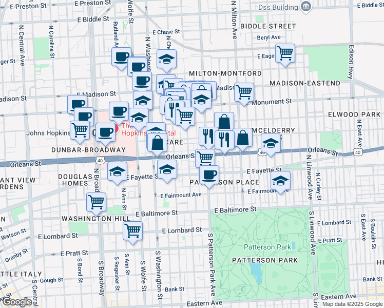 map of restaurants, bars, coffee shops, grocery stores, and more near 2206 Orleans Street in Baltimore