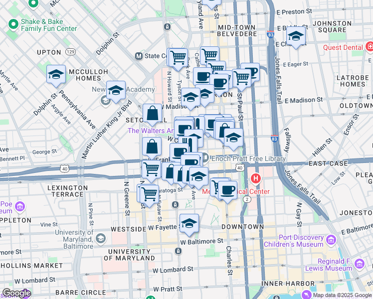 map of restaurants, bars, coffee shops, grocery stores, and more near 514 Park Avenue in Baltimore