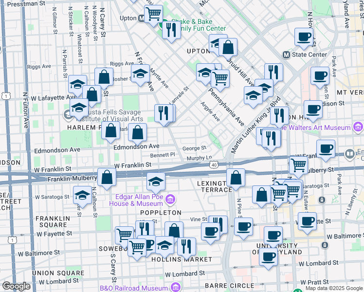 map of restaurants, bars, coffee shops, grocery stores, and more near 824 George Street in Baltimore