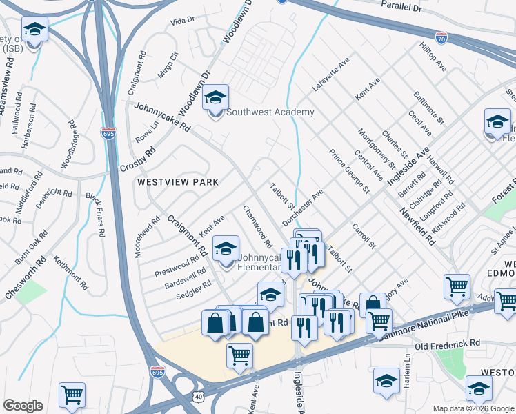 map of restaurants, bars, coffee shops, grocery stores, and more near 5935 Johnnycake Road in Baltimore