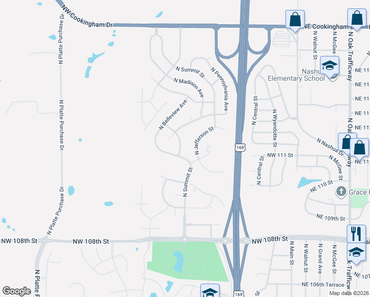 map of restaurants, bars, coffee shops, grocery stores, and more near 11039 North Madison Avenue in Kansas City