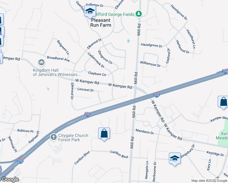 map of restaurants, bars, coffee shops, grocery stores, and more near 11774 Cedarcreek Drive in Cincinnati