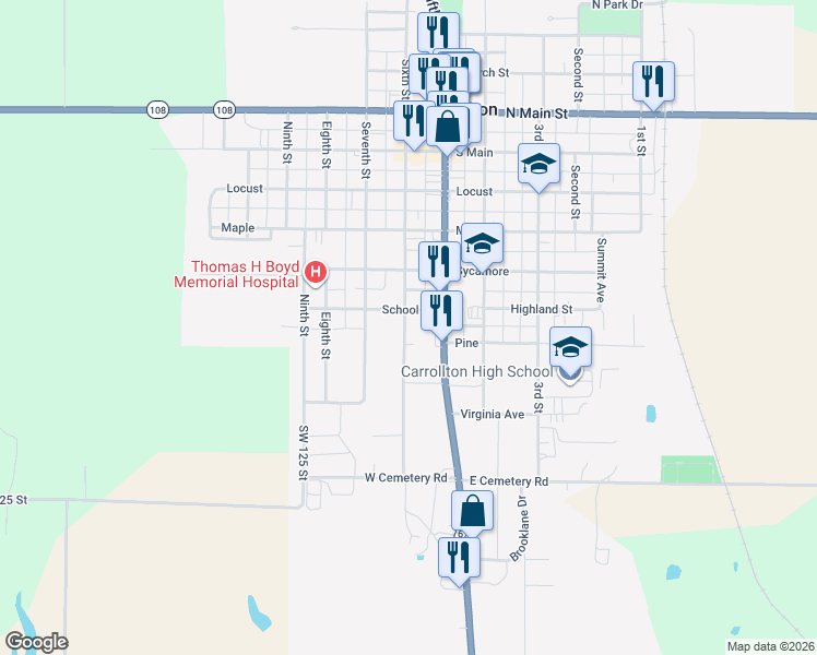 map of restaurants, bars, coffee shops, grocery stores, and more near 818 South 6th Street in Carrollton