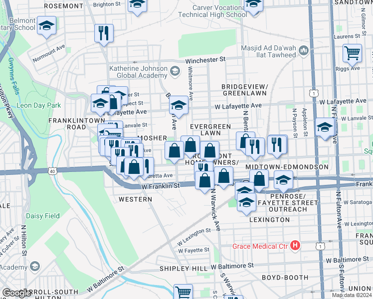 map of restaurants, bars, coffee shops, grocery stores, and more near 2548 Arunah Avenue in Baltimore