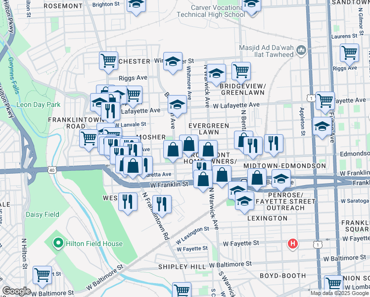 map of restaurants, bars, coffee shops, grocery stores, and more near 2548 Arunah Avenue in Baltimore