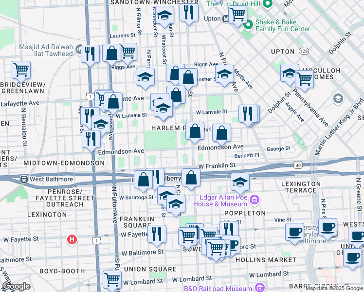 map of restaurants, bars, coffee shops, grocery stores, and more near 1318 Edmondson Avenue in Baltimore