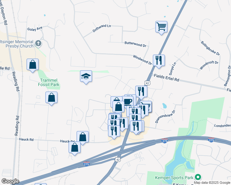 map of restaurants, bars, coffee shops, grocery stores, and more near 12130 Dorset Drive in Cincinnati