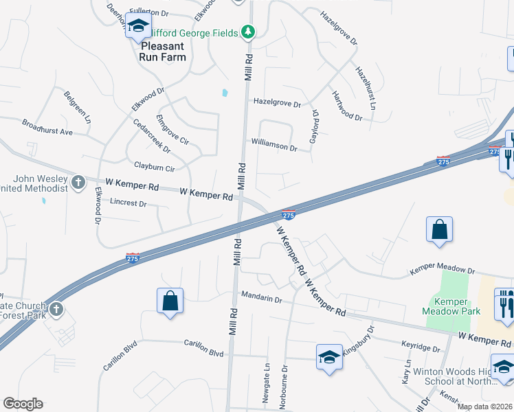 map of restaurants, bars, coffee shops, grocery stores, and more near 1581 West Kemper Road in Cincinnati