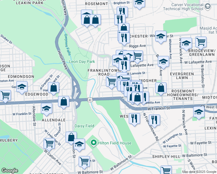map of restaurants, bars, coffee shops, grocery stores, and more near 3019 Harlem Avenue in Baltimore