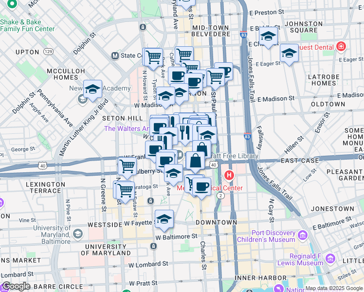 map of restaurants, bars, coffee shops, grocery stores, and more near 502 Cathedral Street in Baltimore