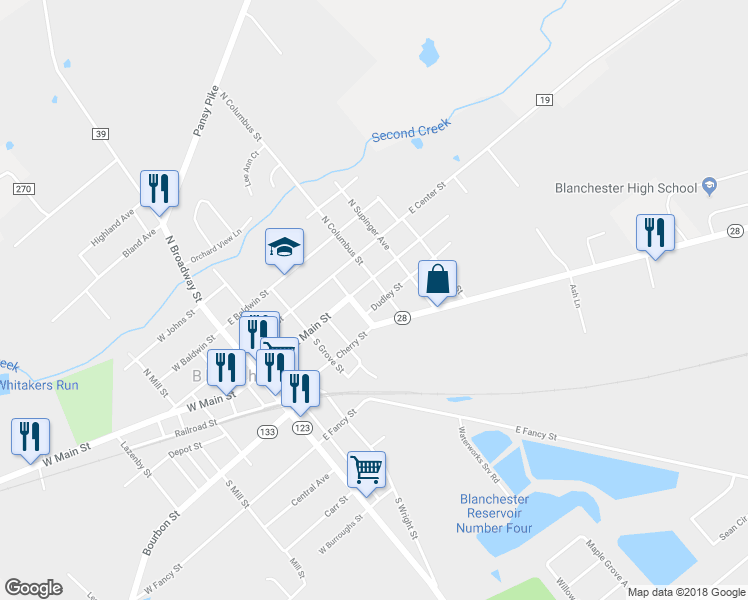 map of restaurants, bars, coffee shops, grocery stores, and more near 407 Dudley Street in Blanchester