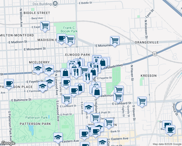 map of restaurants, bars, coffee shops, grocery stores, and more near 3319 Pulaski Highway in Baltimore