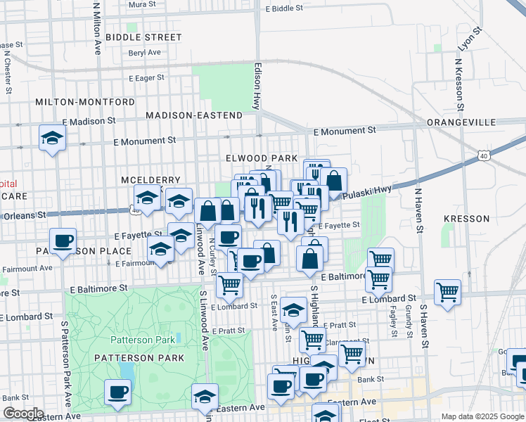 map of restaurants, bars, coffee shops, grocery stores, and more near 305 North East Avenue in Baltimore