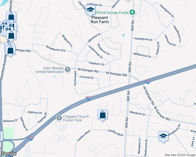 map of restaurants, bars, coffee shops, grocery stores, and more near 11798 Lassiter Drive in Cincinnati